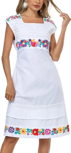 Vista 17 de YZXDORWJ Vestido bordado mexicano de manga corta para mujer 222BK