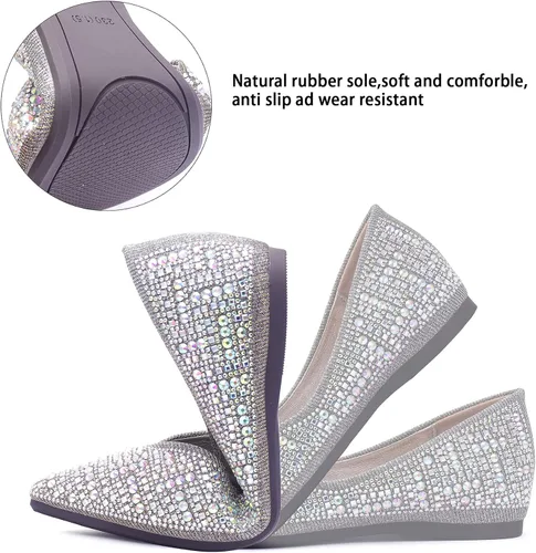 Vista 3 de Zapatos planos para mujer con punta puntiaguda con diamantes de imitación, zapatos de boda cómodos, zapatos planos de trabajo, zapatos de vestir
