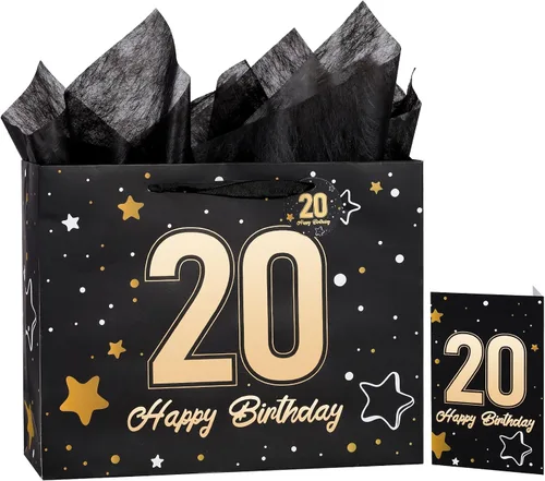 Vista 48 de Powbrace Bolsa de regalo de cumpleaños número 30 negra de 13 pulgadas con papel de seda y tarjeta de felicitación para fiestas, bolsa de regalo