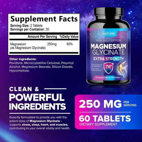 Vista 2 de Glicinato de magnesio 250 mg - Suplemento de magnesio quelado de alta absorción - Glicinato de magnesio 100% puro - Apoyo para la salud del estrés