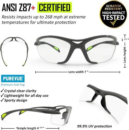 Vista 3 de MAGID AcuSpex PX4080 - Lentes de seguridad transparentes, semifarco, antiniebla, 1 par, gris/lima, PX4080