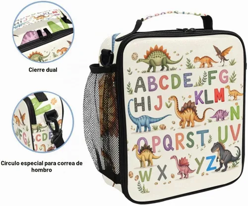Vista 2 de Pfrewn Lonchera de dinosaurio, alfabetos con dinosaurios, bolsa de almuerzo aislada, reutilizable, enfriadora, bolsas de preparación de comidas