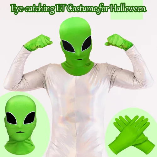 Vista 5 de Juego de guantes de disfraz de alienígena unisex de Halloween, máscara de cara completa, guantes clásicos largos de elastano, accesorios de disfraz