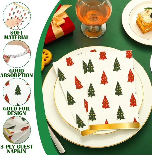 Vista 3 de Zhanmai 200 servilletas de papel de Navidad desechables de 13 x 16 pulgadas, servilletas de árbol de Navidad de 3 capas, servilletas de papel