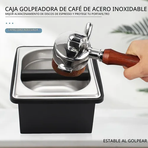 Vista 2 de DIBTSA Caja de café expreso, recipiente de acero inoxidable para discos de café, con soporte de acero y anillo de goma de reducción de ruido