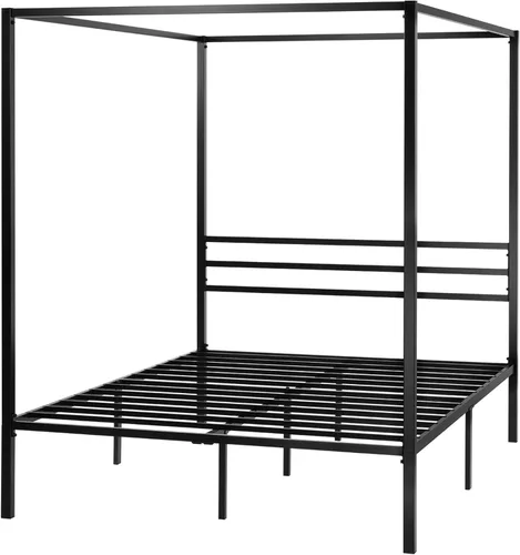 Vista 7 de ikalido Marco de cama con dosel de metal tamaño completo, marco de cama con plataforma moderna de cuatro postes, base de colchón, espacio de Negro
