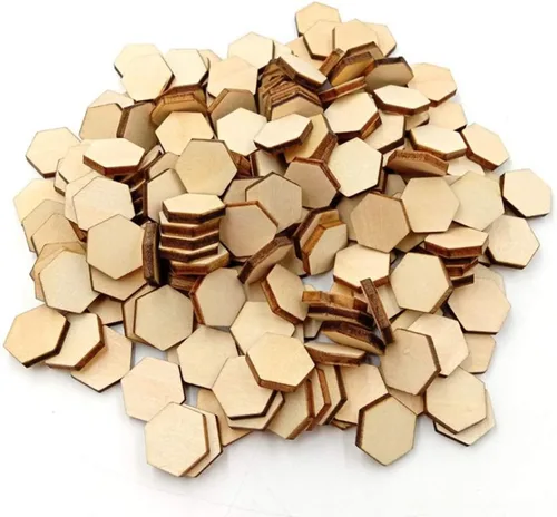 Vista 4 de EXCEART 200 piezas de madera hexagonal de 0.59 pulgadas con forma de madera hexagonal sin terminar, formas recortadas para manualidades, adornos