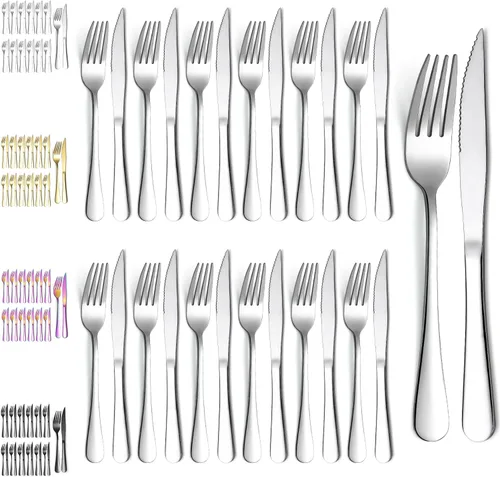 Vista 9 de Evanda Rainbow - Juego de cuchillos para carne, 12 piezas, acero inoxidable chapado en titanio arcoíris, 6 tenedores y 6 cuchillos de cena