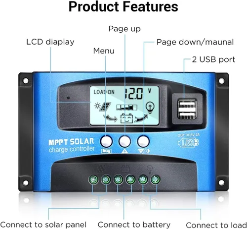 Vista 2 de MPPT Controlador de carga solar 30A 12V/24V Auto, panel solar regulador inteligente con doble puerto USB pantalla LCD para baterías de plomo ácido
