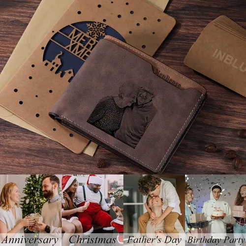 Vista 18 de INBLUE Billetera plegable grabada personalizada, cartera de cuero personalizada con foto y texto grabado, regalos para hombres, marido, papá, hijo