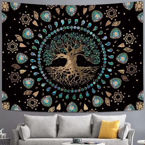 Vista 4 de Tapiz de árbol de la vida para dormitorio, tapiz de mandala hippie estético, naturaleza espiritual, tapices de árbol de abulón y dorado, tapiz