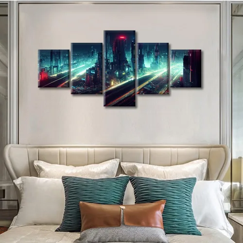 Vista 339 de Cuadros de 5 paneles de Cyberpunk City, arte de pared, representación de vallas publicitarias, edificios modernos en la capital con obras de arte