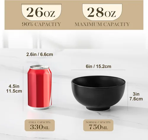 Vista 2 de MALACASA Juego de 6 cuencos de sopa de porcelana de 26 onzas, cuencos de cerámica negra para cocina, cuenco de cereales para avena, fruta, ensalada