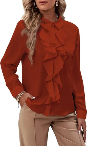 Vista 32 de LYANER - Blusa de manga larga con cuello de botón y volantes en la parte delantera para mujer