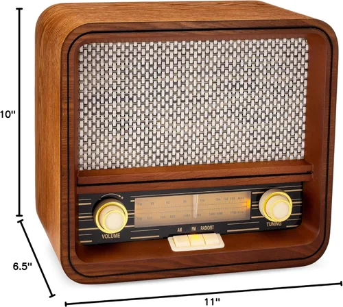 Vista 5 de ClearClick Radio AM/FM de estilo retro clásico vintage con Bluetooth y entrada auxiliar, exterior de madera hecho a mano