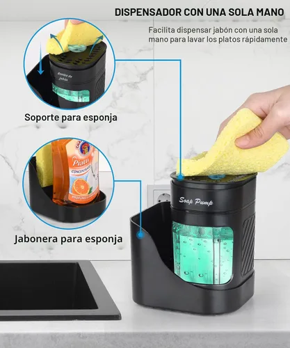 Vista 2 de Dispensador de jabón para platos de cocina con soporte para esponja, juego de dispensador de bomba de jabón para lavavajillas 3 en 1 para encimera