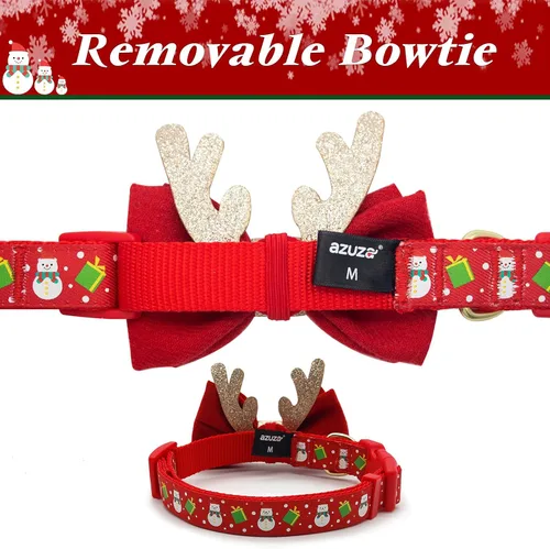 Vista 5 de azuza Collar de Navidad para mascotas, collar de Navidad ajustable para perro con cuernos de Navidad, accesorios de corbatín de muñeco de nieve