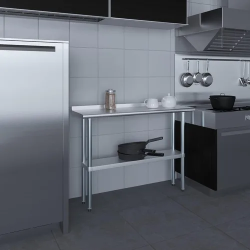 Vista 9 de AmGood Mesa de trabajo de acero inoxidable con protector contra salpicaduras de 1.5 pulgadas Mesa de preparación de alimentos de cocina de metal