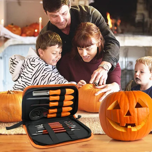Vista 6 de Kit de 11 piezas de tallado de calabaza para adultos y niños con herramientas de escultura de detalles profesionales, juego de cuchillos de acero