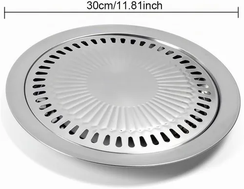 Vista 2 de Sartén coreana para barbacoa redonda de acero inoxidable, 11.81 pulgadas Ideal para asar en pequeños lotes de carnes y verduras en estufas