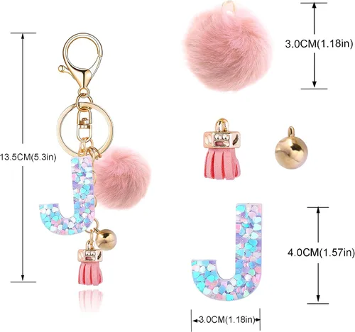 Vista 2 de Resin Alphabet Initial Letter Keychain Keyring for Women Purse Handbags With Fur Ball Pom