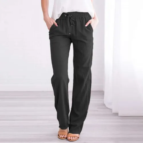 Vista 2 de Pantalones casuales de lino de algodón para mujer, ajuste relajado, cintura elástica, pierna recta, cómodos, color sólido, pantalones largos