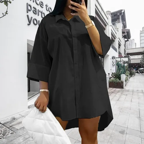 Vista 4 de GEMEIQ Womens Casual Shirt Dresses Button Down 34 Sleeve Summer Loose Fit Short Mini Dress