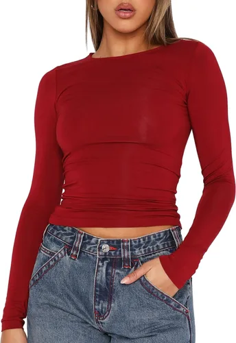 Vista 17 de Blusa corta básica casual para mujer, ajustada, manga larga, cuello redondo, color sólido, para otoño, camiseta ajustada Albaricoque