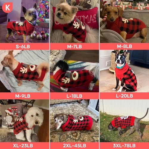Vista 6 de KYEESE - Suéter de Navidad para perros con diseño de renos para perros pequeños, ropa a cuadros de búfalo rojo con agujero para la correa para días