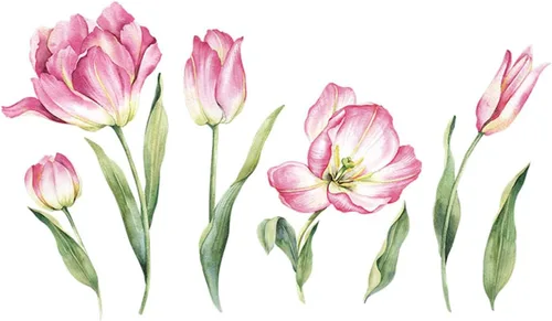 Vista 4 de 2 hojas de calcomanías de pared de flores rosas grandes, tulipán, flores, flores, jardín, hojas verdes, plantas, vinilo, bricolaje, decoración