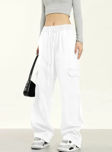 Vista 2 de Dokotoo Pantalones cargo de cintura alta y pierna ancha para mujer, con 6 bolsillos, holgados, informales, de combate, militares