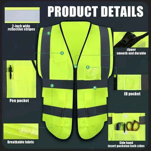 Vista 3 de Leumoi Paquete de 30 chalecos de seguridad reflectantes con bolsillos y cremallera de alta visibilidad para mujeres y hombres para el trabajo
