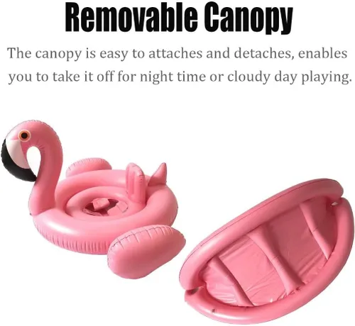 Vista 3 de Flotador de natación para bebé con toldo inflable para exteriores, anillo de natación para exteriores, flamenco rosa, niños pequeños de 6 meses a 48