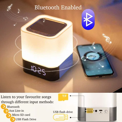 Vista 3 de Altavoz Bluetooth con luces nocturnas, reloj despertador inalámbrico Bluetooth, lámpara de noche con sensor táctil, luces nocturnas que cambian