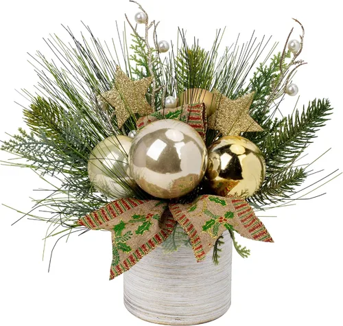 Vista 9 de Hollyone Pequeño árbol de Navidad artificial mini de mesa de 11 pulgadas, decoración de plantas en maceta con adornos de bolas de Navidad, bayas