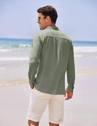Vista 3 de COOFANDY Mens Linen Shirt Casual Cuban Guayabera Long Sleeve Button Down Beach Shirts
