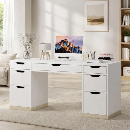 Vista 9 de MaverickFurni Office Desk with Drawers, 54 Inch Computer Desk with 7 Drawers for Bedroom, Small Executive Desk with Stoarge Drawers for Work Study