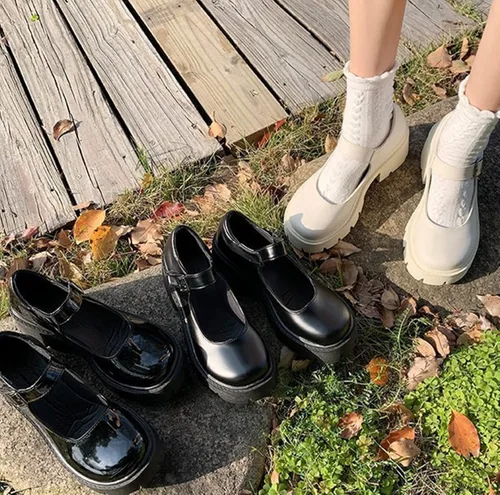 Vista 6 de HINDOLA Zapatos de plataforma Mary Janes para mujer, mocasines gruesos, punta redonda, gótico, negro, Lolita, correa al tobillo, uniforme, vestido