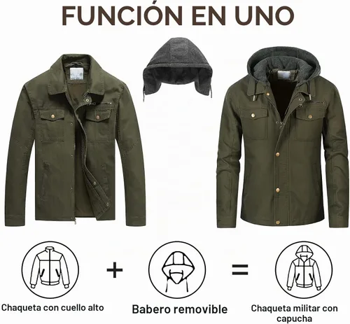 Vista 2 de Pursky Chaqueta de lona de algodón militar casual para hombre con capucha desmontable Verde militar