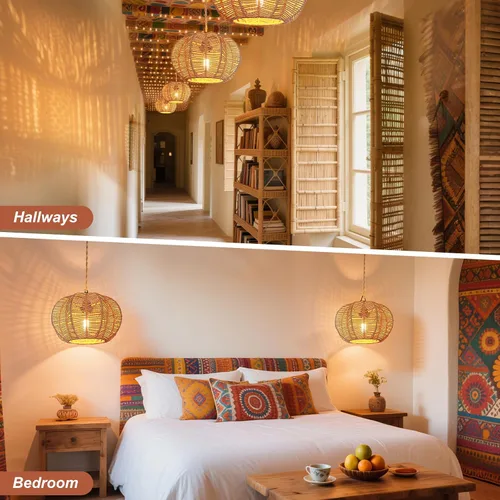Vista 4 de Luces Colgantes con Cable de Enchufe, Lámpara Colgante de Ratán, Luminarias de Techo Boho, Lámpara Colgante de Estilo Rústico para Sala de Estar