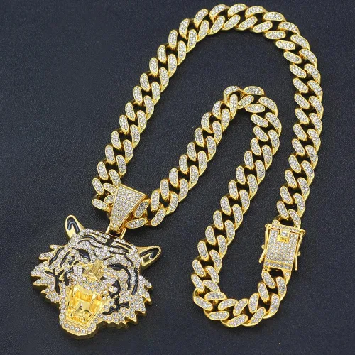 Vista 5 de hdyv5aa Cadena de eslabones cubanos de plata para hombre con colgante, collar de tigre de eslabones cubanos de Miami Ice Out de Miami, joyería