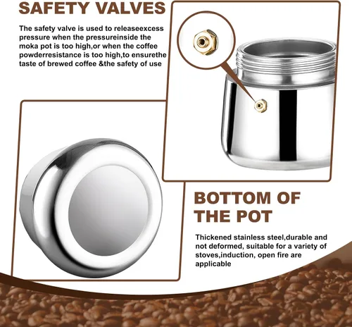 Vista 8 de Estufa de 2 tazas de acero inoxidable, cafetera italiana, capacidad para café moca, cocina clásica de inducción para el hogar y campamento, 3.3