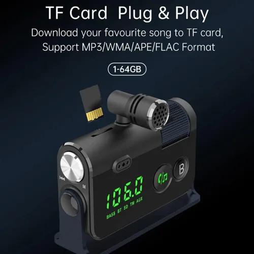 Vista 5 de Transmisor Bluetooth Fm, 2 micrófonos y QC3.0 + Tipo-C PD 18W HiFi Bass, adaptador Bluetooth para automóvil compatible con llamadas manos libres