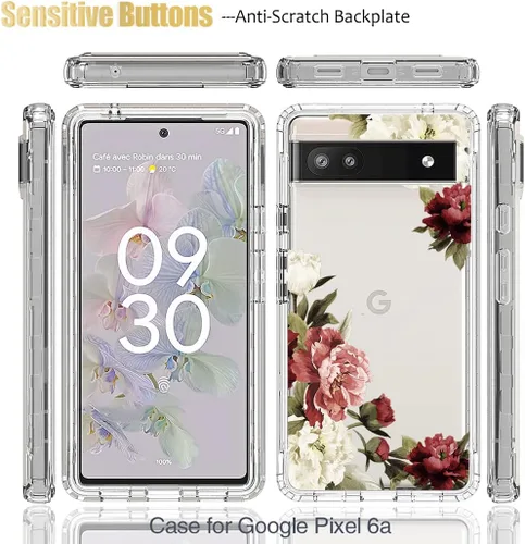 Vista 5 de Funda para Pixel 6A, para Google6A GX7AS con protector de pantalla de vidrio templado, cubierta protectora de cuerpo completo con bonito patrón Flor