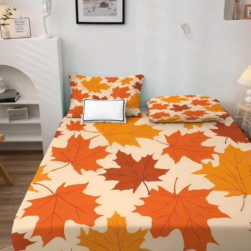Vista 3 de Juego de sábanas de hojas de otoño tamaño King, sábanas de microfibra suave, bolsillo profundo, sábanas y fundas de almohada estampadas sin arrugas