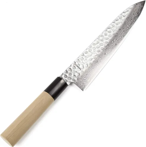 Vista 13 de Cuchillo japonés martillado Damasco VG-10 46 capas de mango de madera de magnolia octogonal, 6 pulgadas (5.906 in)