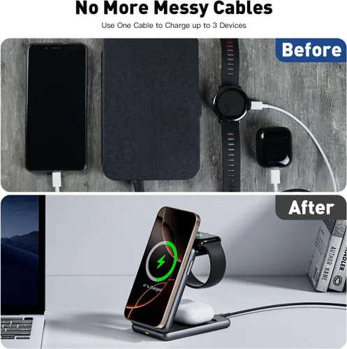Vista 5 de Cargador inalámbrico magnético 3 en 1, estación de carga plegable, base de inducción electromagnética, compatible con MagSafe, compatible con iPhone