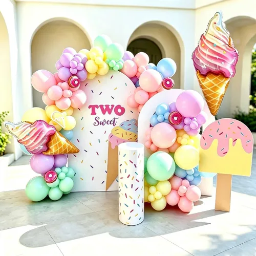 Vista 7 de Kit de arco de globos de helado – Juego de 142 guirnaldas de globos pastel con globo de Mylar de aluminio de helado de 37 pulgadas, globos torcidos