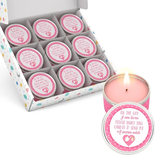 Vista 12 de Majestic Zen Juego de regalo de velas para baby shower, paquete de 9 velas de cera de soja perfumadas neutrales, aroma a polvo fresco para bebé, 30