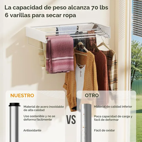 Vista 3 de Tendedero de Ropa Montado en la Pared, Tendedero de Secado de Ropa Montaje en Pared, Colgador de Ropa Plegable con 2 Asas para Toallas y Plantilla